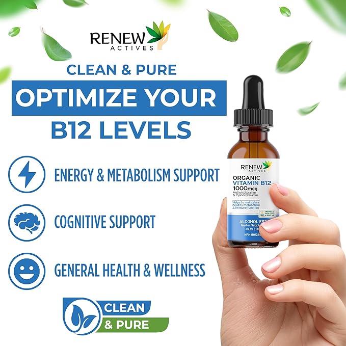 Renew Actives Premium B12 Liquid Extract Supplement 1000MCG per 1 ml – Vegan Drops with High-Potency Complex for Healthy Skin, Strong Nails, Vibrant Hair & Immune Support– Made in Canada - 30 ml