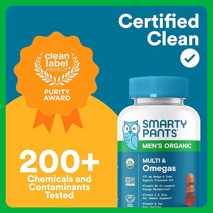 SmartyPants Multivitamin for Men, Organic Gummies: Methylfolate, Omega 3 (ALA), Vitamin D3, C, Vitamin B12, B6, A, K & Zinc for Immune Support, Biotin, Vegetarian, 120 Gummies (30 Day Supply)