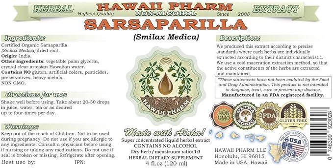 Sarsaparilla Alcohol-Free Liquid Extract, Sarsaparilla (Smilax Medica) Dried Root Glycerite Natural Herbal Supplement, Hawaii Pharm, USA 4x4 fl.oz