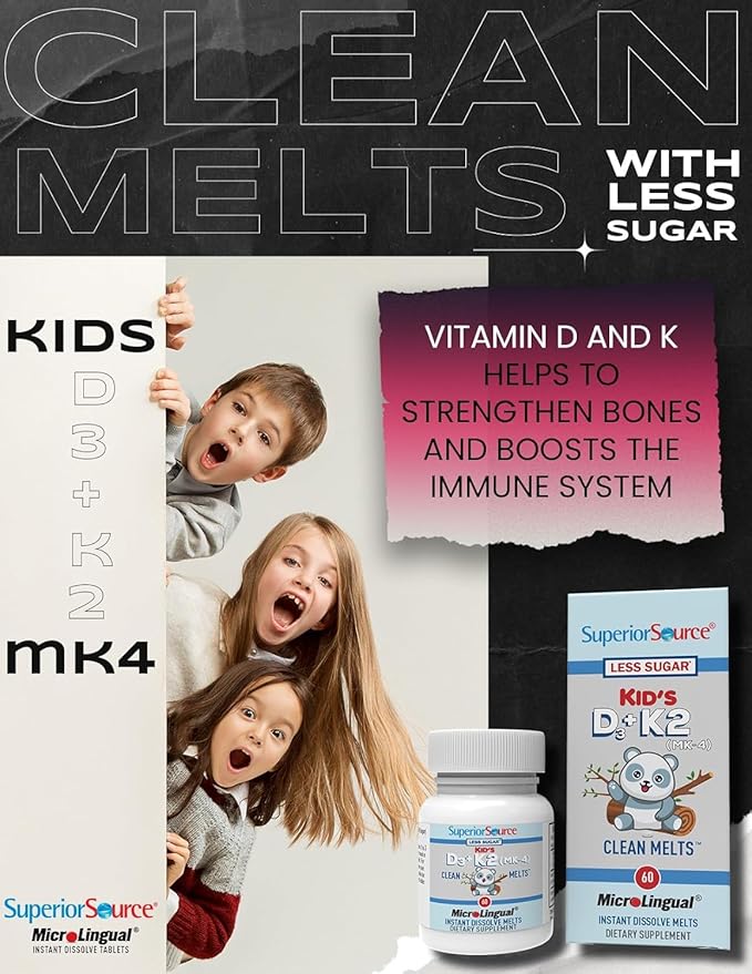 Superior Source Kid's D3 & K2 (MK-4) - Children's Multivitamin - Supports Immune System & Bone Health - Non-GMO, Preservative-Free & Dye-Free - 60 MicroLingual Instant-Dissolve Tablets