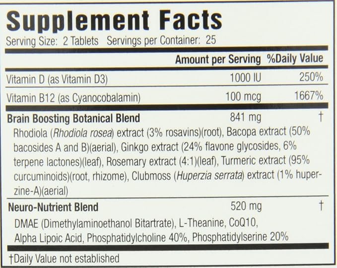Applied Nutrition Healthy Brain All-Day Focus - 50 Tablets - Powerful 3-in-1 Brain Booster with Turmeric Extract - 25 Servings