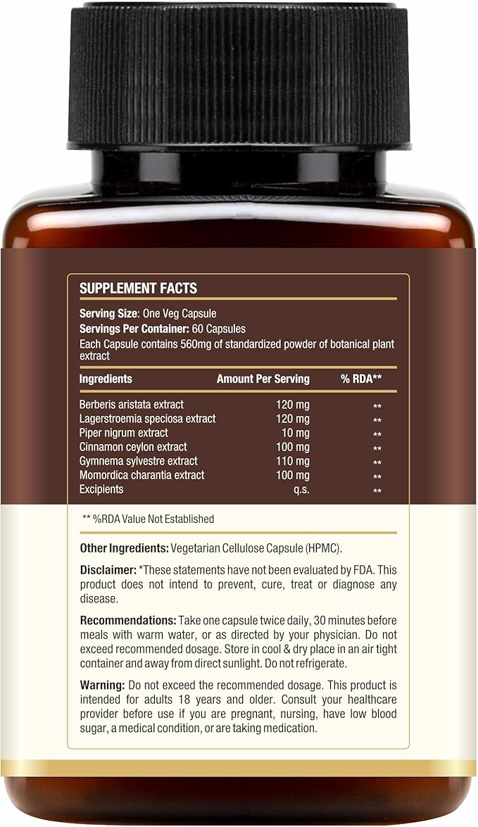 DiaCurex Berberine Supplement -120mg with Cinnamon, Bitter Melon & Gymnema for Men & Women for Health Support, 100% Organic, Vegan & Gluten-Free, 60 Capsules (30 Days of Supply)