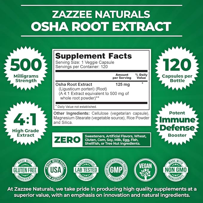 Zazzee OSHA Root 4:1 Extract, 500 mg Strength, 120 Vegan Capsules, 4 Month Supply, Concentrated and Standardized 4X Extract, 100% Vegetarian, Ligusticum porteri, All-Natural and Non-GMO