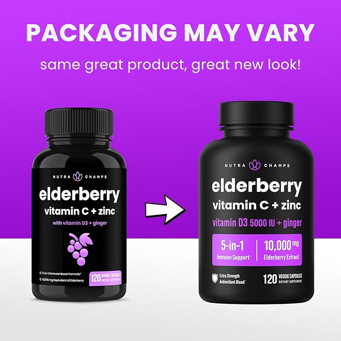 NutraChamps Elderberry Extract 120 Capsules, 10,000mg Sambucus Elderberry with Zinc and Vitamin C for Adults + Vitamin D3 5000 IU & Ginger, 5-in-1 Antioxidant Immune Support Supplement