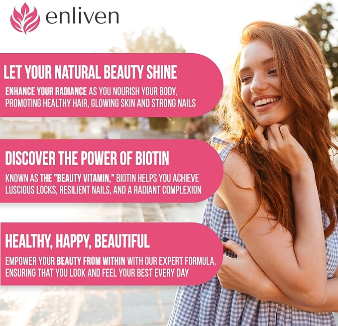 enliven Biotin Hair Skin and Nail Vitamins | Biotin Gummies 5000mcg + for Hair Growth, Skin Care, and Stronger Nails | Berry Flavor (60 Gummies)