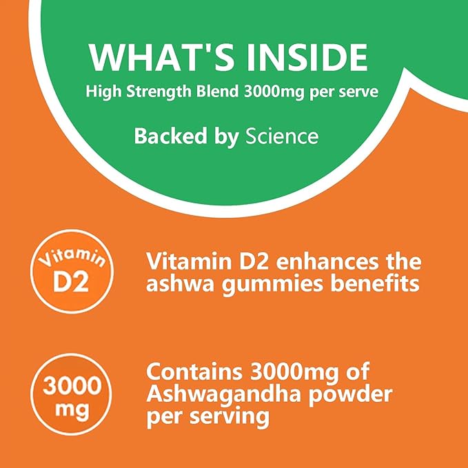 Ashwagandha Gummies 3000mg, Ashwagandha High Strength Root Extract Supplement with Vitamin D2 for Men Women, Strawberry Flavour 1 Months Supply 60 Gummies