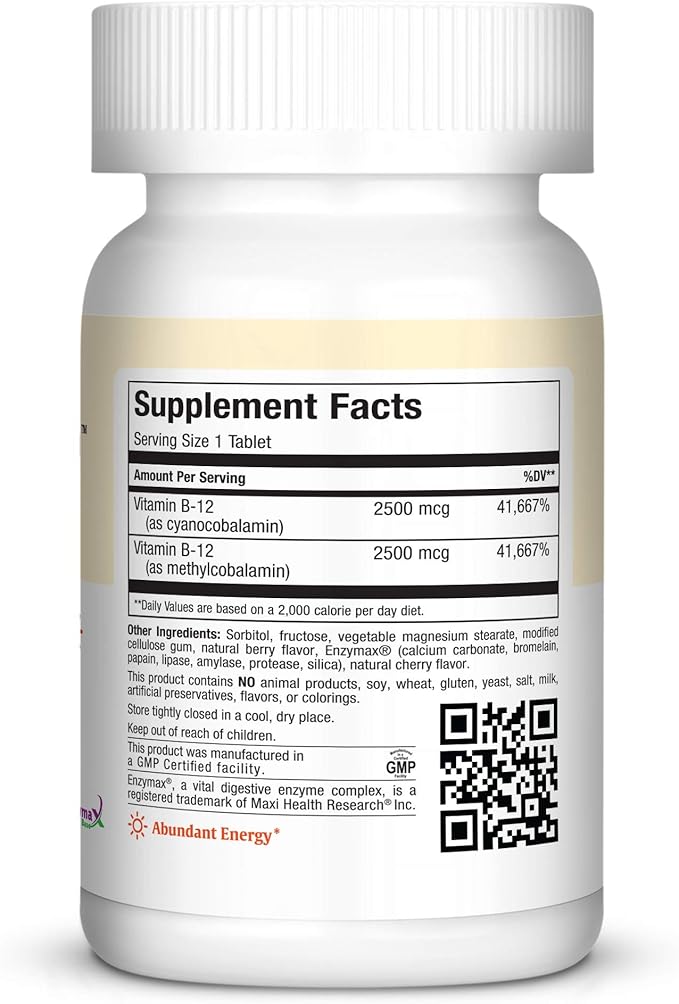 Maxi Health Chewable Vitamin B-12 - 5000 mcg - Energy Booster - Berry Flavor - 60 Chewies - Kosher