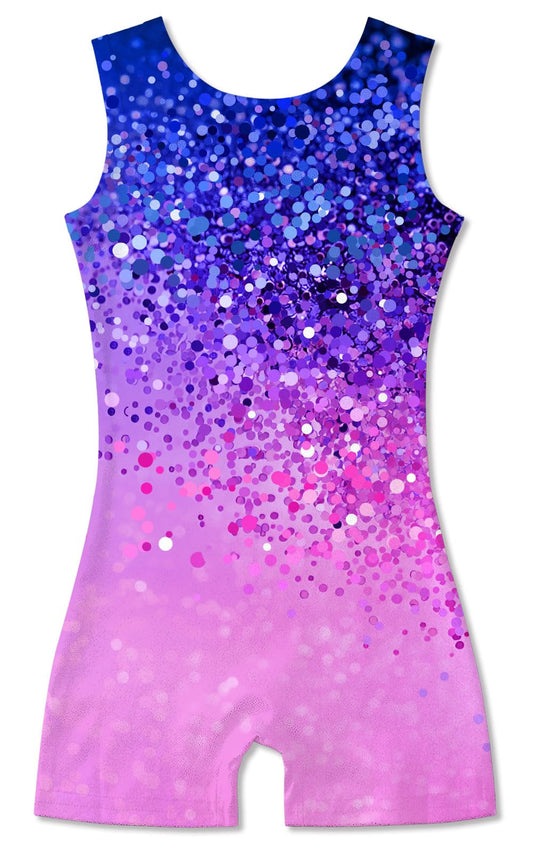 Funnycokid Gymnastics Leotards for Girls Dance Outfits Unitard Sparkly Clothes with Shorts, Diamond Purple Pink, 5-6 Years