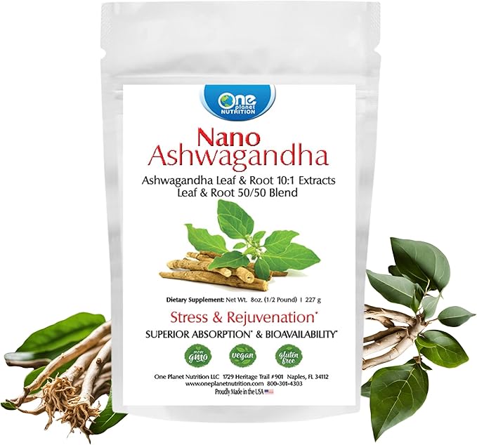 Nano Ashwagandha Leaf & Root Powder 8 oz (227 Servings), 10:1 Extract, Supports Mental Clarity, Non-GMO, Vegan, Gluten-Free