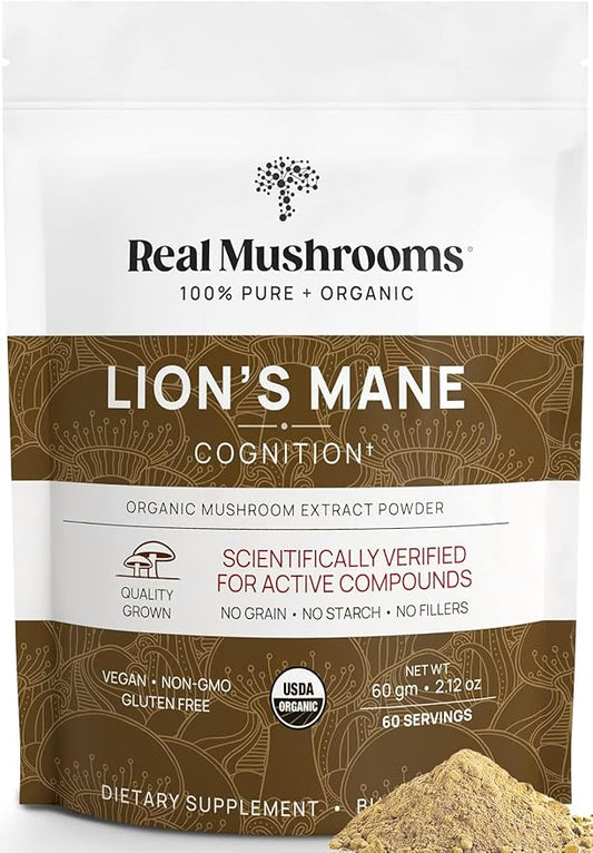 Real Mushrooms Lions Mane Powder - Organic Mushroom Extract for Cognitive Function Immune Support Brain Supplements Memory and Focus Vegan Supplement, 60 Servings