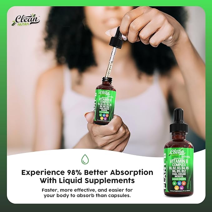 Vitamin B Complex Liquid Drops | Thiamine B1, B6, B2, B3, B4, B5, B7 B9, B12, Niacinamide, Paba, Choline Inositol Taurine Probiotics Beet Root Spirulina - Plant-B Vitamin Supplements - Clean Nutra (2)