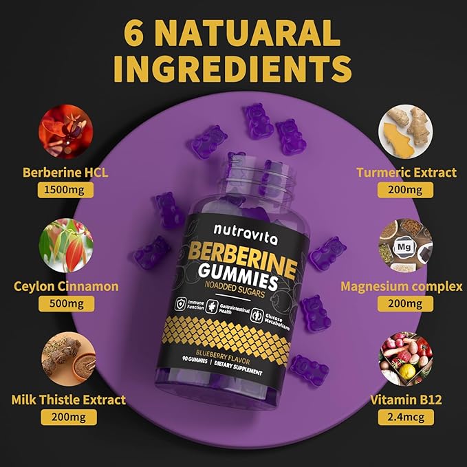 Berberine Gummies with Ceylon Cinnamon 1500mg High Potency Berberine HCL Supplement for Immune and Metabolism Support, Sugar Free Organic Berberine Gummies Blueberry Flavor-2PACK