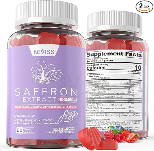 Sugar Free Saffron Gummies - Saffron Supplement Gummies 100% Pure Saffron Extract Whole Herb Gummies with Honey for Mood & Power, Vitamin B6, B12, D3, C - Organic, Vegan, Mixed Berry Flavor - 120Cts