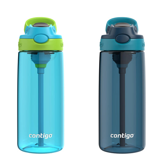 Contigo Kids 20oz 2-Pack Aubrey Water Bottles with Cleanable Silicone Straw, Spill-Proof Lid, Dishwasher Safe, Blue Raspberry/Cool Lime & Blueberry/Juniper, BPA-free