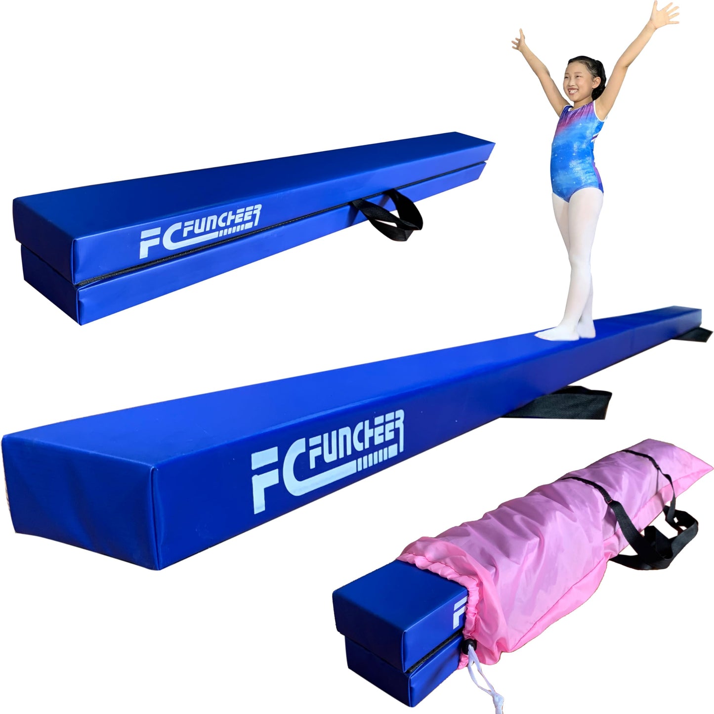 FC FUNCHEER 8FT Folding Balance Beam -Gymnastics Beam -Wood core Floor Beam - Anti-Slip Bottom -Faux Suede Cover -Stainless Hinge and Carrying Bag for Kids Training at Home (Suede, Blue)