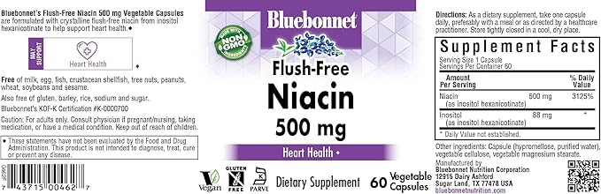 Bluebonnet Nutrition Flush-Free Niacin 500mg, for Nutritional Cardiovascular Support*, Soy-Free, Gluten-Free, Non-GMO, Kosher Certified, Dairy-Free, Vegan, 60 Vegetable Capsules, 60 Servings