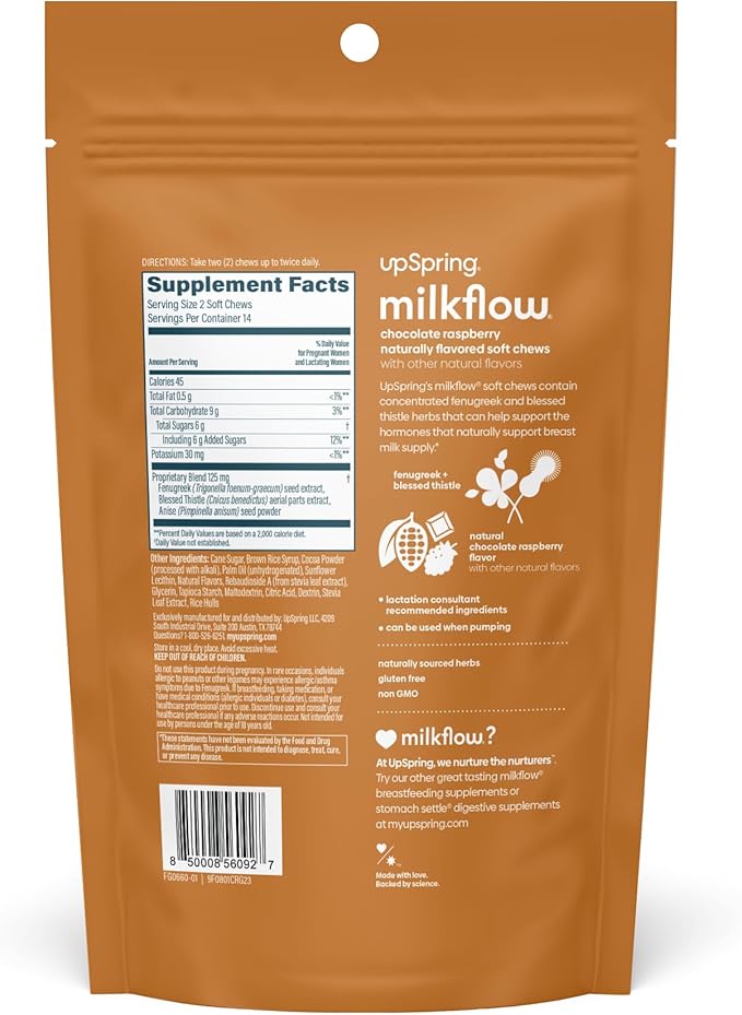 UpSpring Lactation Supplement for Breastfeeding, Lactation Snacks with Fenugreek and Blessed Thistle, Breastfeeding Essentials Support, Breast Milk Supply - Choco Raspberry (28 Count)