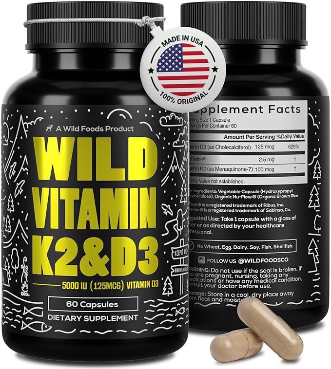 Wild Foods 5000iu Vitamin D3 + K2 | (100mcg Mk7) with Black Pepper Extract, Plant-Based, Non-GMO, Soy & Gluten-Free | Dietary Supplement | Made in USA | 60 Caps (Pack of 2)