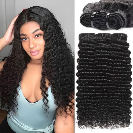 Deep Wave Human Hair Bundles 10 12 14 Inch Deep Curly Bundles Human Hair 12A Unprocessed Brazilian Virgin Weave 3 Bundles Double Weft Remy Hair Bundles Full and Thick