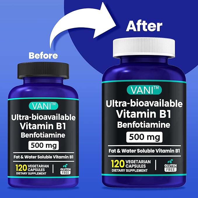VANI Vitamin B1 with 500mg Benfotiamine, 2 in 1 Enhanced Formula -Fat & Water Soluble Thiamine B1 Supplement | 120 Capsules | Gluten Free