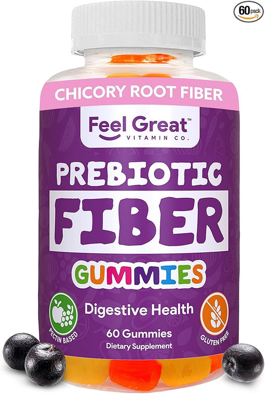 Prebiotic Fiber Gummies by Feel Great Vitamin Co (60 Gummies) | Helps Improve Digestive Health, Restore Natural Gut Flora, and Support Overall Health & Immunity* | Vegetarian & Vegan Friendly Chew