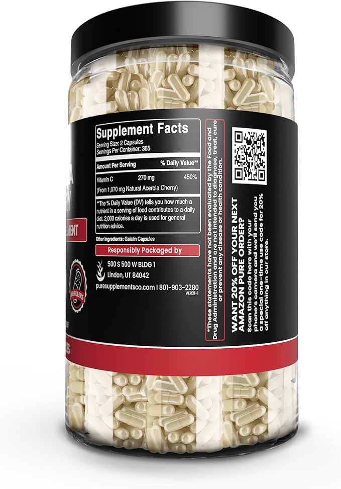 Pure Original Ingredients Acerola Cherry (730 Capsules) No Magnesium Or Rice Fillers, Always Pure, Lab Verified