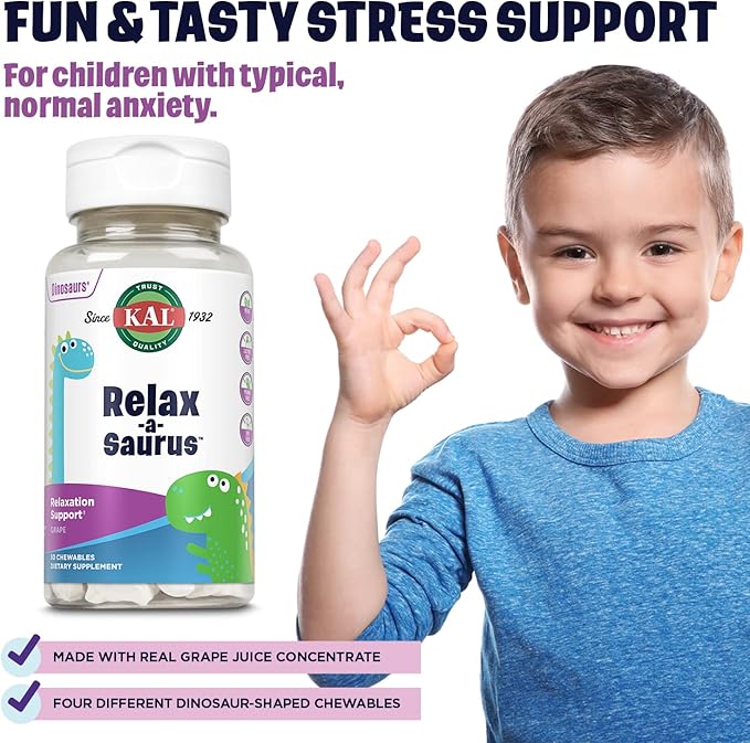 KAL Relax-a-Saurus, Stress Support Supplement for Kids, L-Theanine for Children with Herbal Stress Relief & Relaxation & Blend, Delicious Natural Grape Flavor, 60-Day Guarantee, 30 Chewables