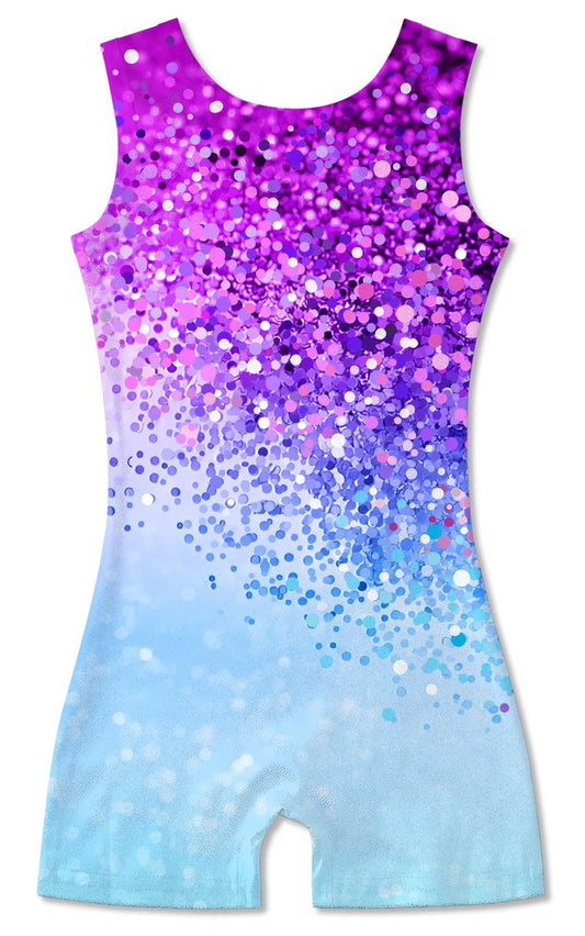 Funnycokid Gymnastics Leotards for Girls Dance Outfits Unitard Sparkly Clothes with Shorts, Diamond Purple Blue, 5-6 Years