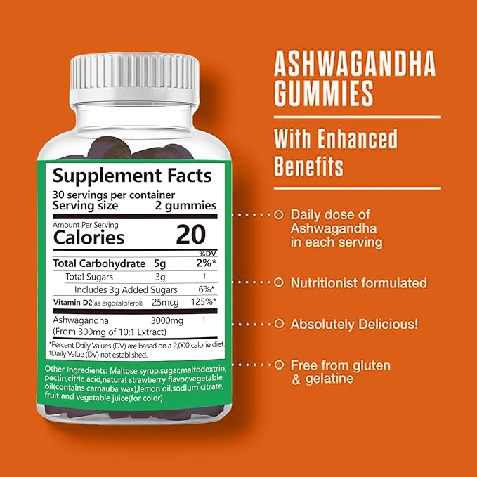Ashwagandha Gummies 3000mg, Ashwagandha High Strength Root Extract Supplement with Vitamin D2 for Men Women, Strawberry Flavour 1 Months Supply 60 Gummies