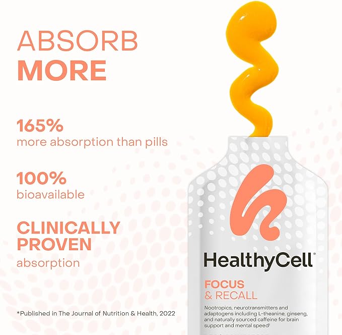 Healthycell Focus & Recall, Daily Liquid Brain Supplement for Focus & Memory - Nootropics Supplement for Concentration & Alertness with L-Theanine, Omega-3 & Taurine - 30 Gel Packs