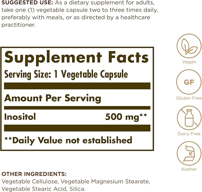 Solgar Inositol 500 mg - 100 Vegetable Capsules - Supports Cellular Function & Brain Health - Vegan, Gluten Free, Dairy Free, Kosher - 100 Servings