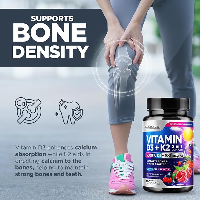 Vitamin D3 K2 – Chewable Vitamin D 5000 IU & K2 MK-7 100 mcg – 2 in 1 Vitamin D K2 Supplement Chews - Immune, Heart, & Bone Support – Non GMO - Tasty Berry Flavor - 120 Chewable Tablets