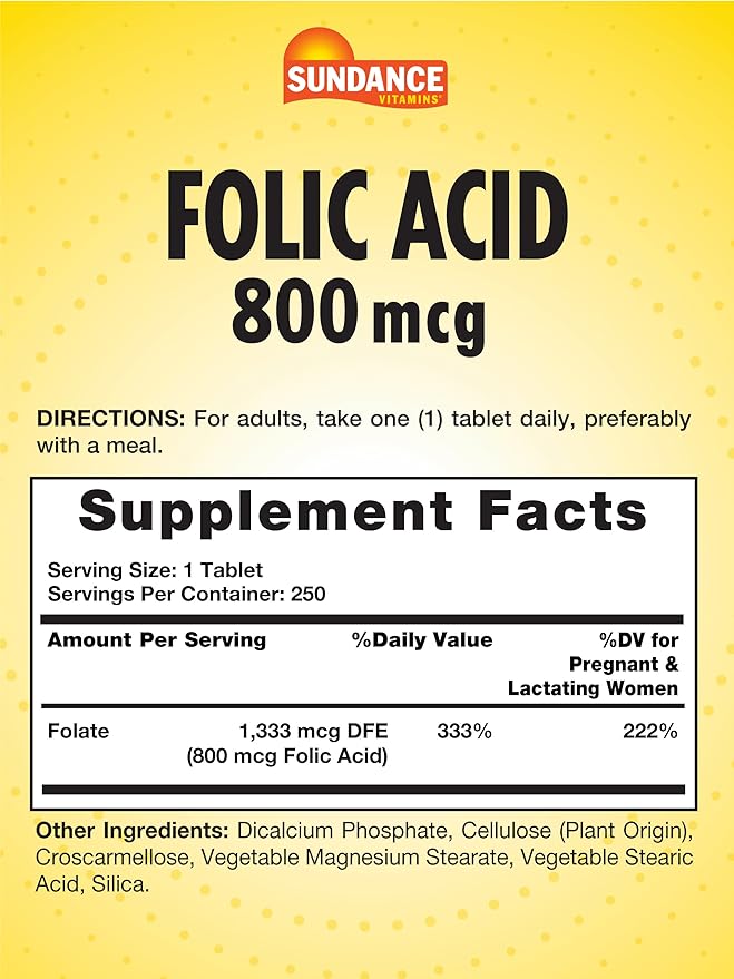 Sundance Folic Acid 800 mcg | 250 Vegetarian Tablets | Essential B-Vitamin | Vegetarian, Non-GMO, and Gluten Free Supplement