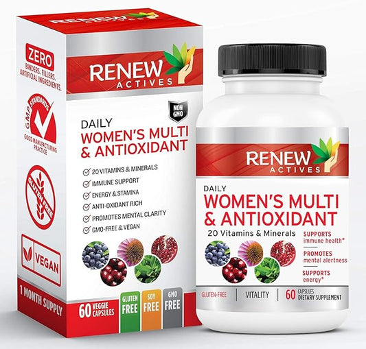 Renew Actives Women's Multi-Vitamin & Antioxidant: Daily Health Supplement - 22 Vitamins & Minerals for Energy & Mental Alertness, 2 Capsules per Serving - 60 Capsules