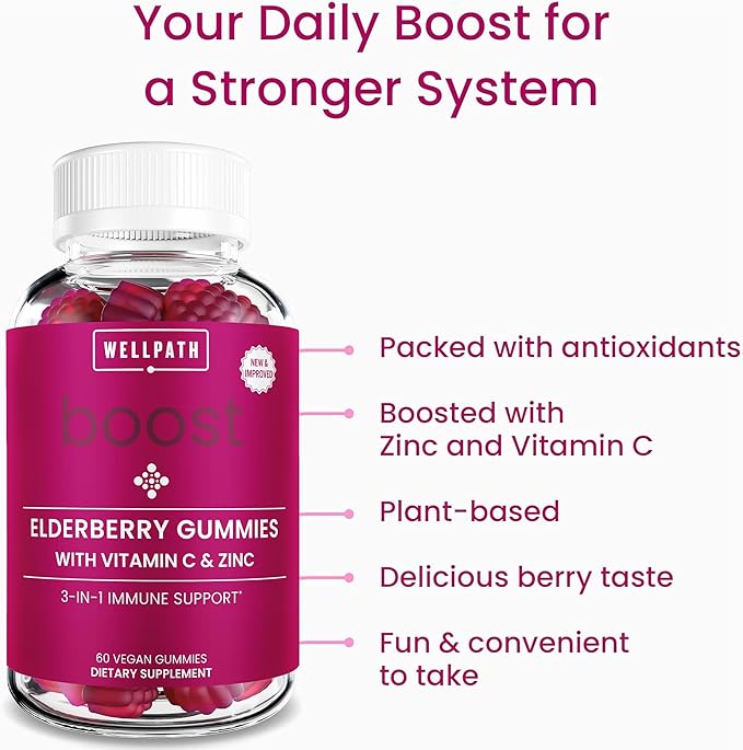 WellPath Boost Elderberry Gummies with Zinc & Vitamin C | Immune Support Supplement for Adults | Immunity Booster Vitamins | Sambucol Black Gummy | Non-GMO & Vegan, 60 Ct