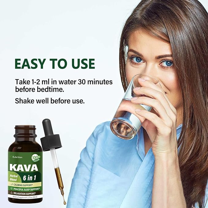 Kava Root Drops for Calming & Relaxing Support, Natural Calm & Sleep Supplements for Adults with Valerian, Chamomile Extract, High Bioavailability Liquid with Basil Promotes Relaxation. 2 oz