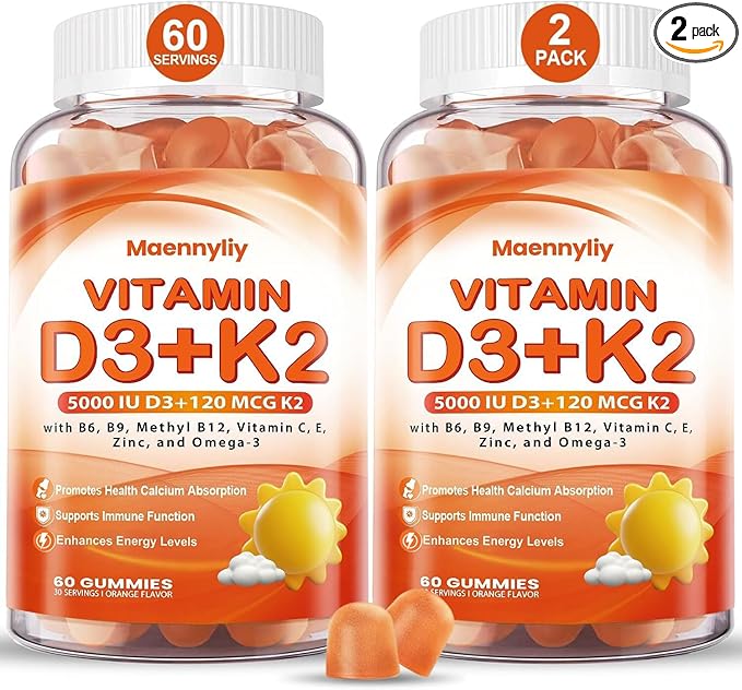 Vitamin D3 K2 Gummies for Adults - Vitamin D3 5000IU + K2 (MK-7) 120mcg - Sugar-Free D3 and K2 Supplements with Omega-3, Methyl B12, B9, B6, Vitamins E & Zinc - for Calcium Absorption & Immune Health