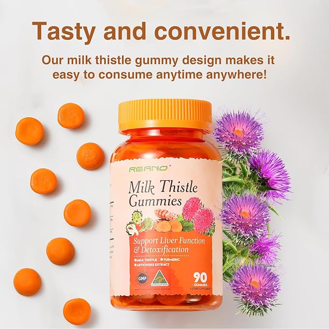 REANO Milk Thistle Gummies with Artichoke and Turmeric, 30:1 Concentrated Extract, 80% Silymarin, 30% Silybin, Non-GMO, Gluten-Free, 90 Count