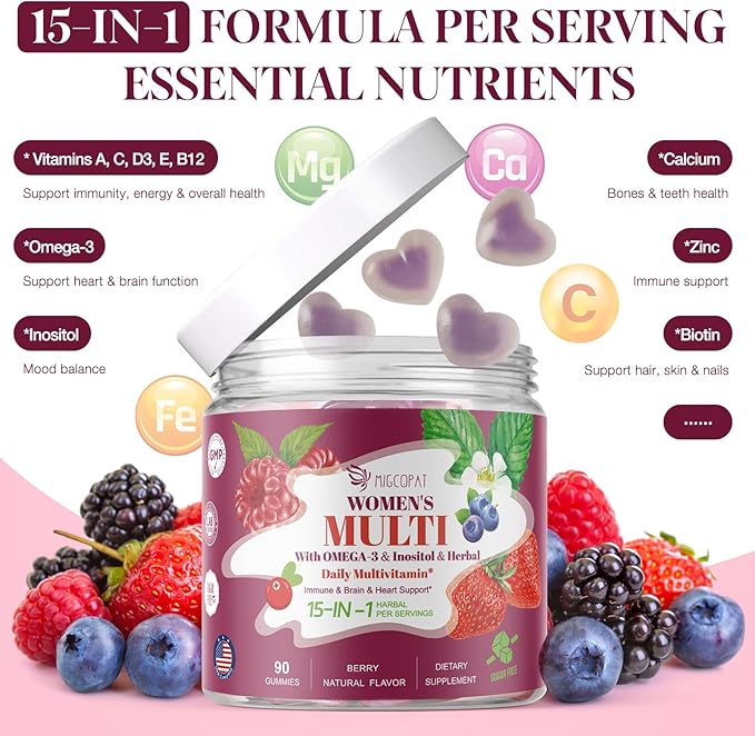 Sugar-Free Women’s Multivitamin Gummies, Packed with Inositol, Omega-3, Prebiotics, CoQ10 & Key Vitamins (A, C, D3, E, B12) – Supports Heart, Brain, Gut, Energy & Immune Health*