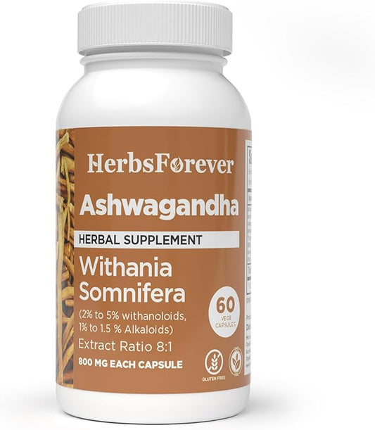 Ashwagandha Capsules Withania Somnifera Withannolides 5% & Alkaloids 1.5% Boost Energy and Performance 60 Vege Capsules 800 Mg Each