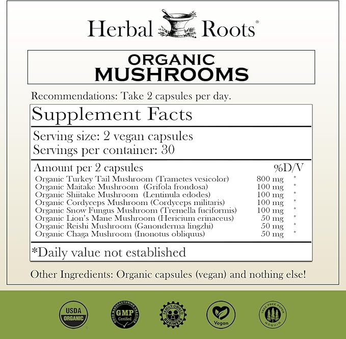 Herbal Roots Mushroom Supplement Capsules | Blend of 8 Organic Mushrooms | Turkey Tail, Lion’s Mane, Shiitake, Cordyceps, Reishi, Chaga, Maitake, Snow | 60 Vegan Capsules