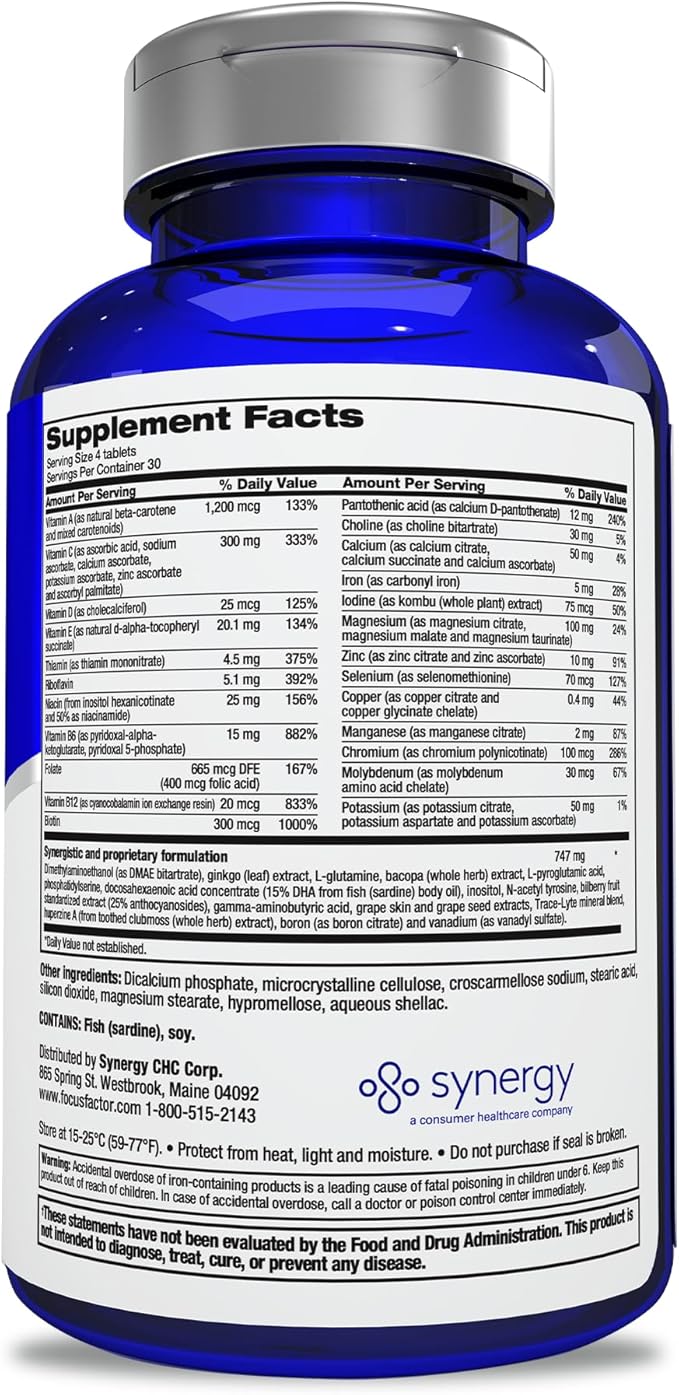 Focus Factor Adults Extra Strength, 120 Count - Brain Supplement for Memory, Concentration and Focus - Complete Multivitamin with DMAE, Vitamin D, DHA - Trusted Health Vitamins