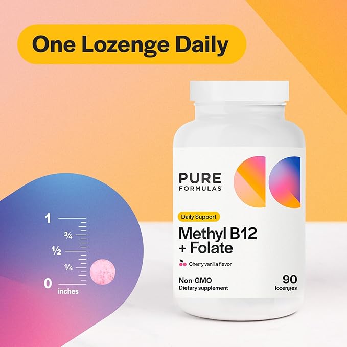 PureFormulas Methyl B12 + Folate Supplement, 1,000 mcg of Methylated B12 Supplement, 665 mcg of Folate, Cherry Vanilla Flavor, Methylated Vitamin B 12 - Non-GMO, 90 Lozenges