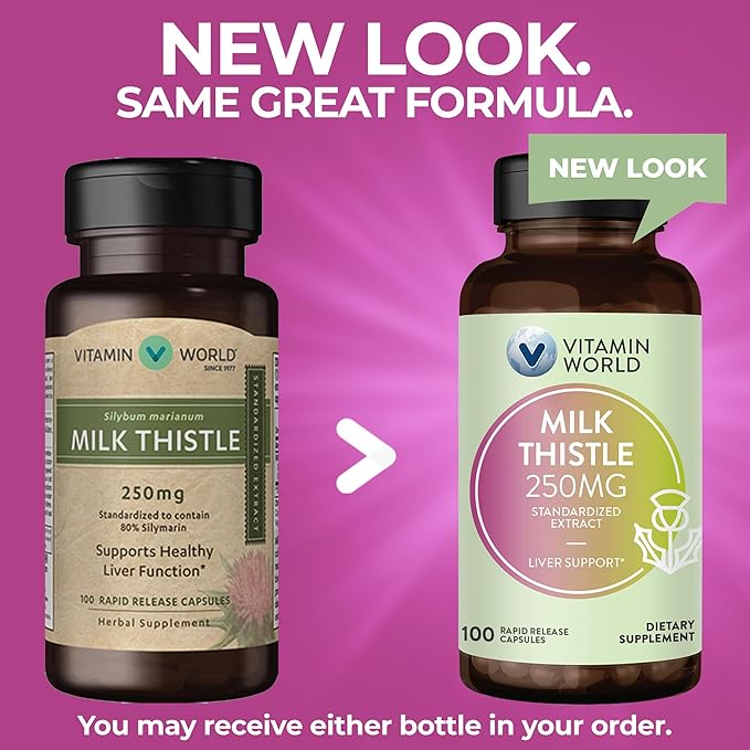 Vitamin World Milk Thistle (Silymarin) Standardized Extract 250mg 100 Capsules, St. Mary’s Thistle, Supports Liver Health, Antioxidant, Rapid-Release, Gluten Free