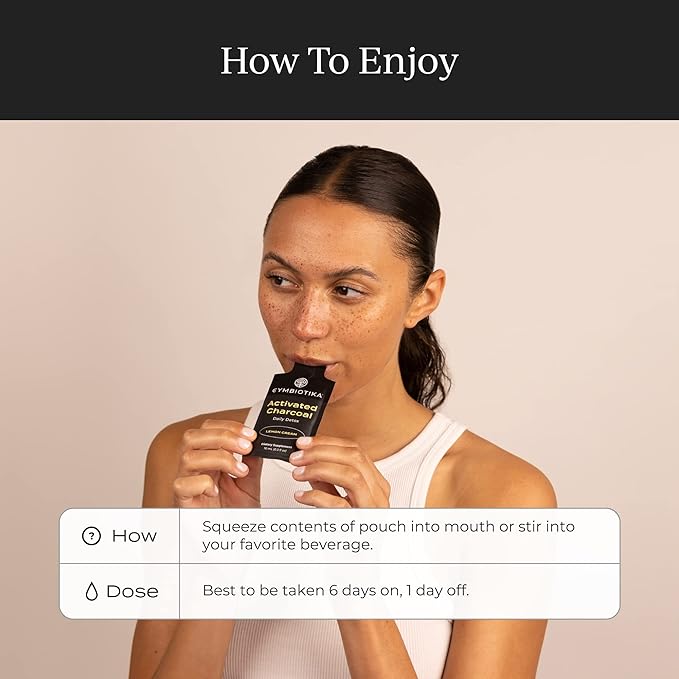 CYMBIOTIKA Activated Charcoal Liquid Supplement with Vitamin E, Gut Health & Digestive Support for Adults, Helps Cleanse, Detox, Support Gas, Bloating, Lemon Cream Flavor, Vegan, 10ml Pouches, 26 Pack