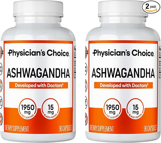 Physician's CHOICE Ashwagandha 1950mg Organic Ashwagandha Root Powder with Black Pepper Extract, Stress Support, Mood Support Supplement, 90 Veggie Ashwagandha Capsules - 2 PCK