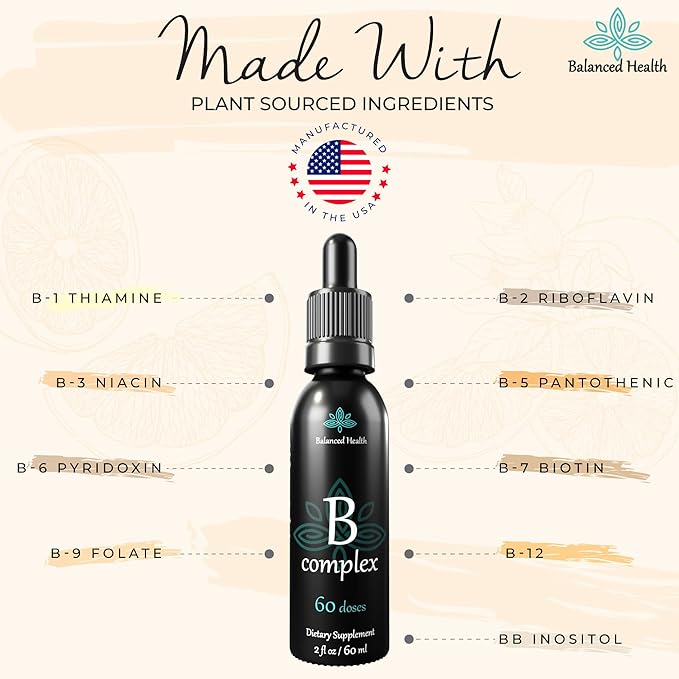 Vitamin B-Complex Drops, 2oz, 60 Doses, All 8 B-Vitamins, Immune Energy Support Supplement Non GMO Vegetarian Safe