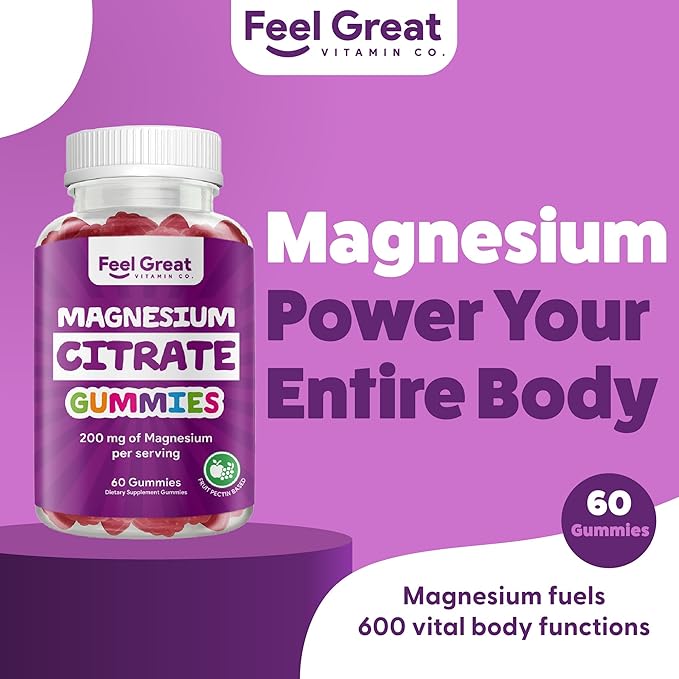 Feel Great Vitamins Magnesium Citrate Gummies - High Absorption for Muscle Relaxation, Calm & Sleep Support, Aids Occasional Constipation, Vegan, Non-GMO, 200mg Per Serving - 60 Gummies