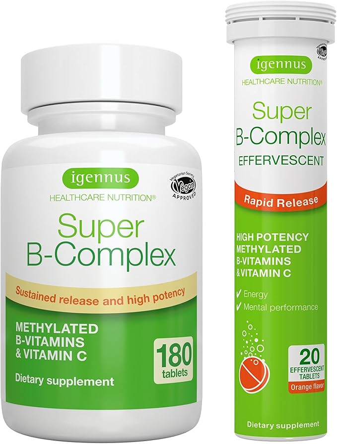 Super B-Complex Bundle, 180 Sustained-Release Tablets & 20 Orange Flavor Effervescent Tablets for Fast Energy On The Go, by Igennus