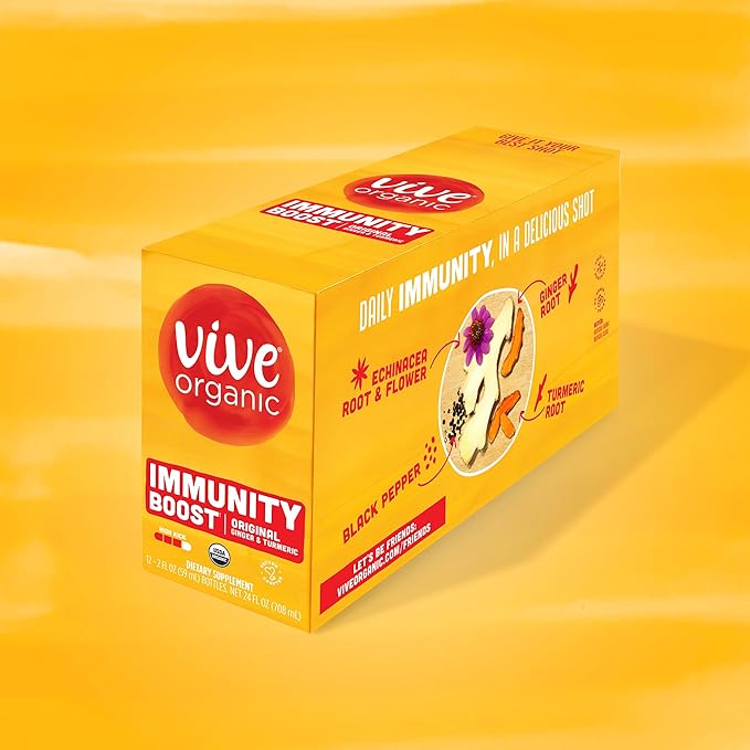 Vive Organic Immune Support Shot, Cold-Pressed Ginger, Turmeric, & Echinacea, Gluten Free, Vegan, Immunity Boost Original, 2 Fl Oz (Pack of 12)